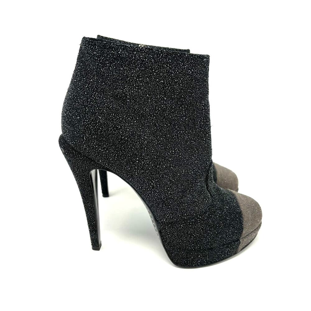 CHANEL Black Grey Glitter Leather Heel Booties Size 37 CC Logo - Picture 4 of 9